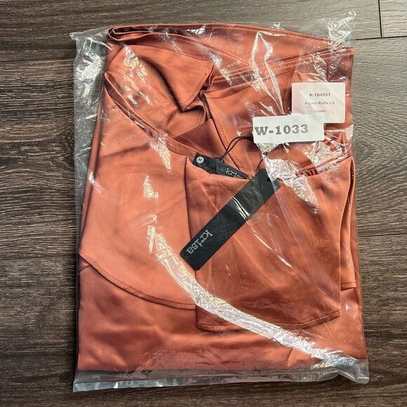 REVOLVE Krisa Asymmetrical Ruffle L/S Satin Style Blouse in Copper. Medium. NWT! - Picture 12 of 15